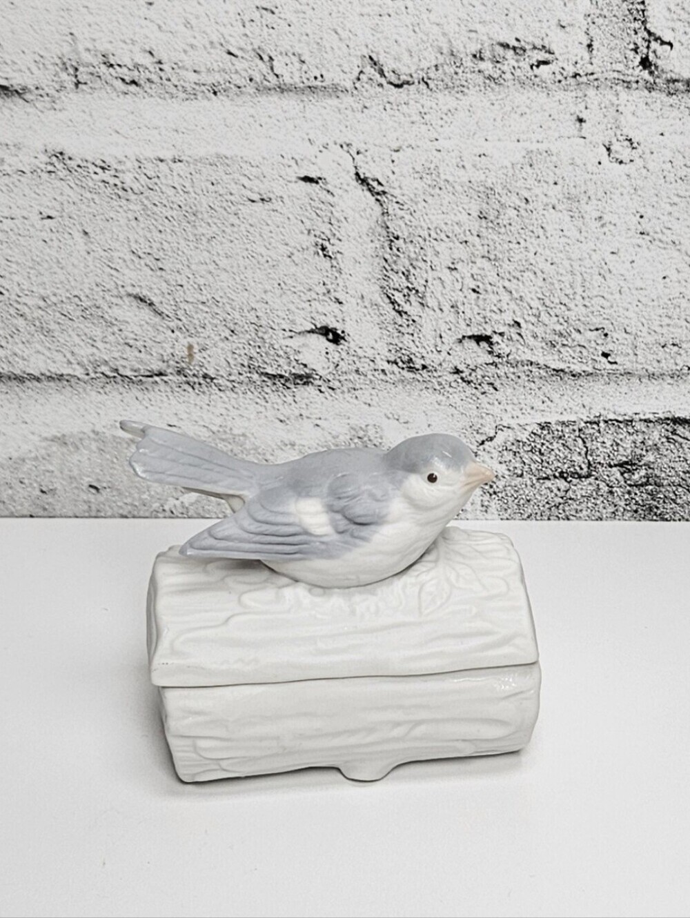 Vintage Porcelain Bluebird Trinket Box Bird on Log Jewelry Box